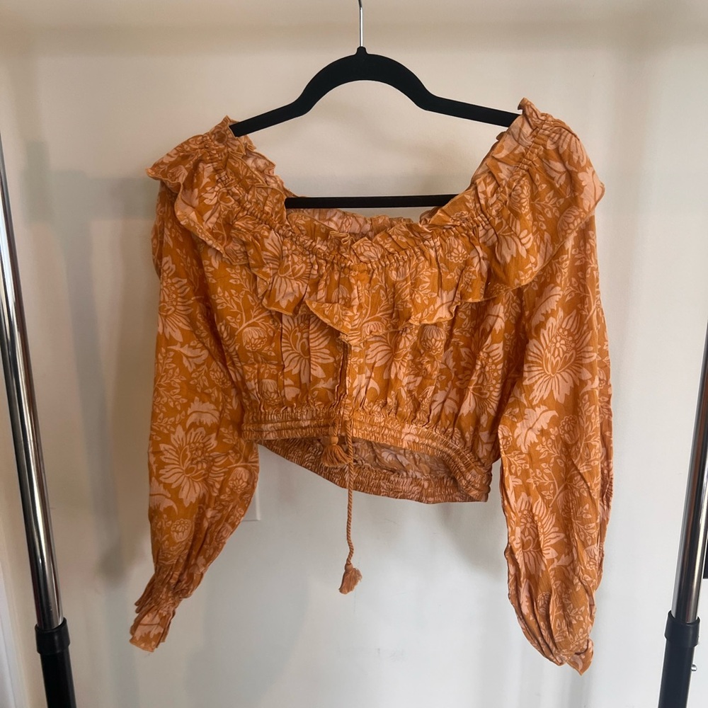 Spell Women’s Ruffled Off-Shoulder Crop Top - Orange Floral